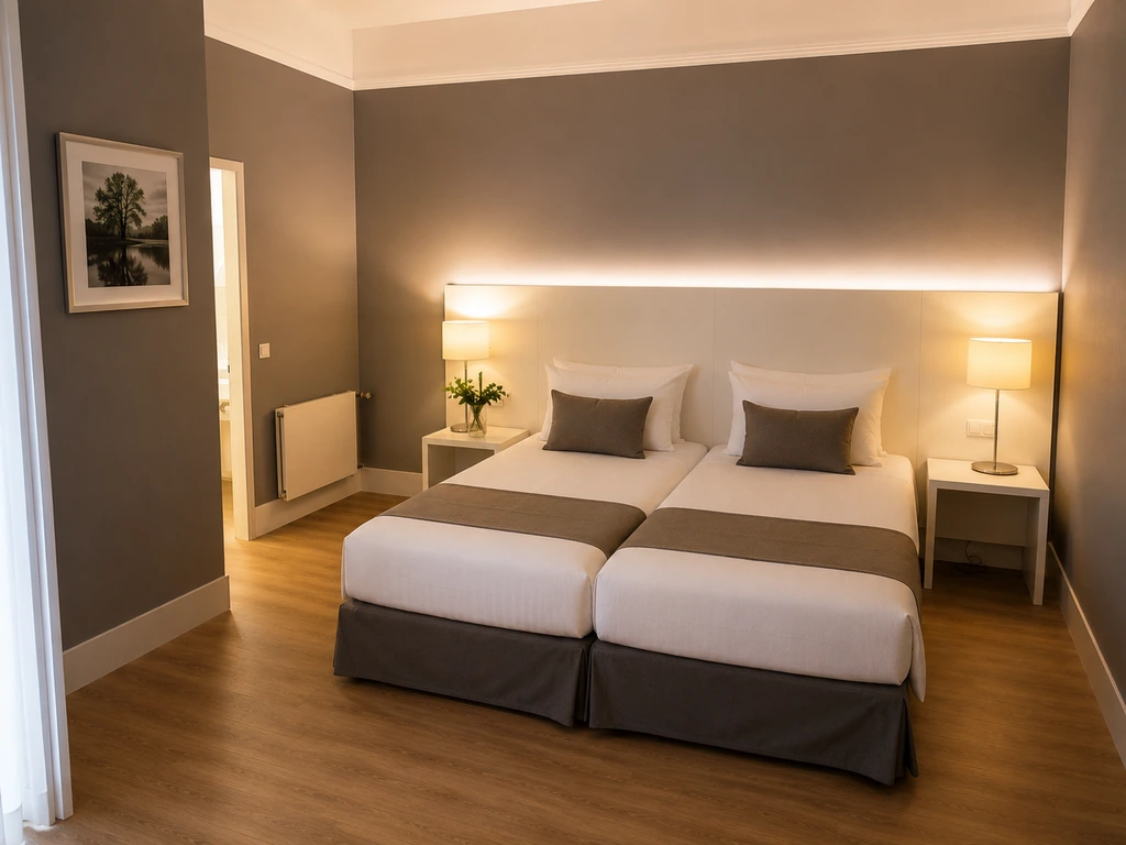 Bright double room with bed, warm lighting and workspace.