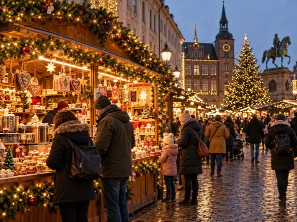 Decorated Christmas market stalls in Düsseldorf old town